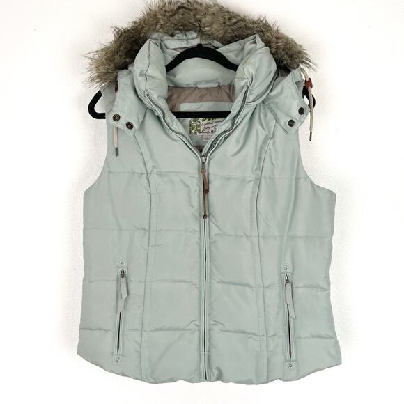 Eddie Bauer Womens Goose Down Puffer Vest Faux Fur Hoodie Yukon Model Sage L - Picture 2 of 13